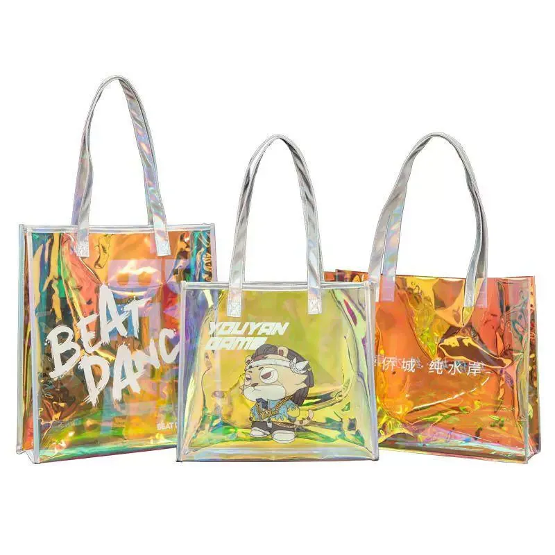 Holographic Clear PVC Tote Bag Custom Cartoon Print Iridescent Transparent Handbag for Gift Cosmetic Shopping Packaging