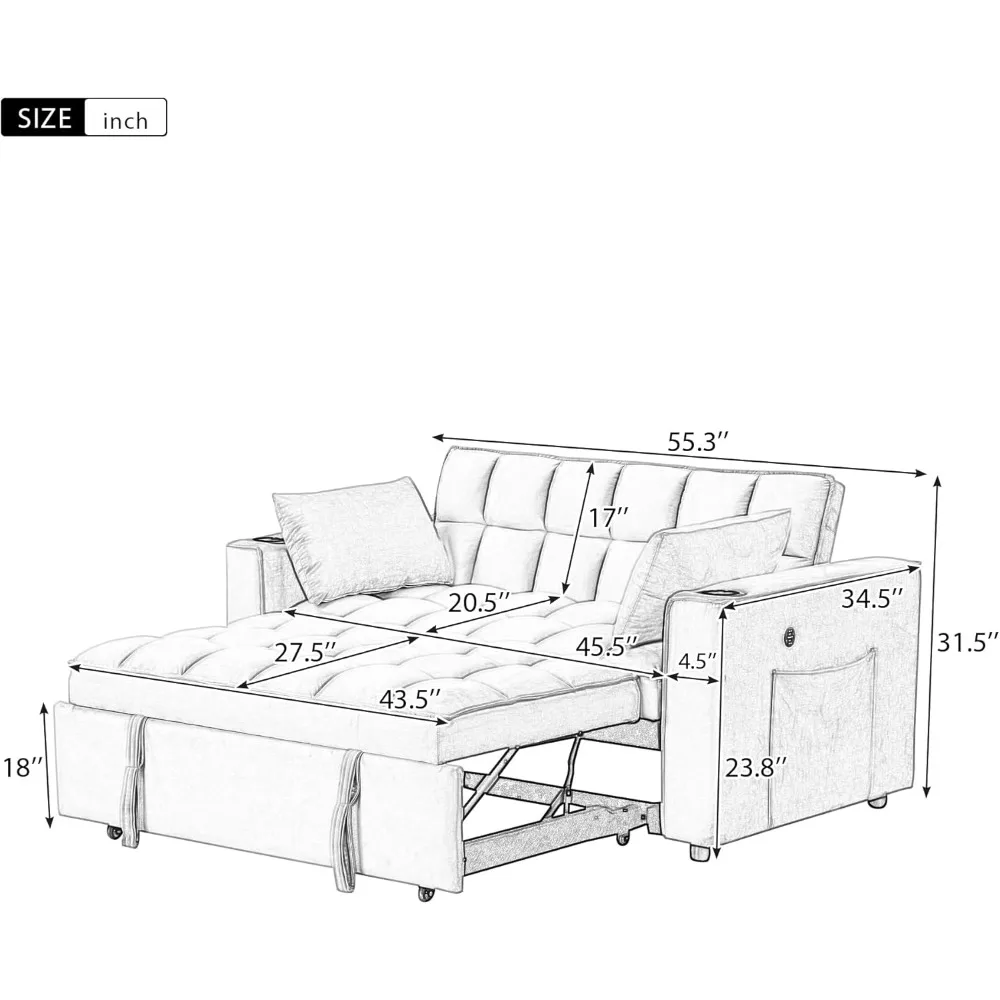 مقعد Loveseat مع سرير قابل للسحب مقاس 55.3 بوصة، وسرير أريكة مخملي قابل للتحويل مع حامل أكواب ومنفذ USB، ووسادتين، وBAC قابل للتعديل #3