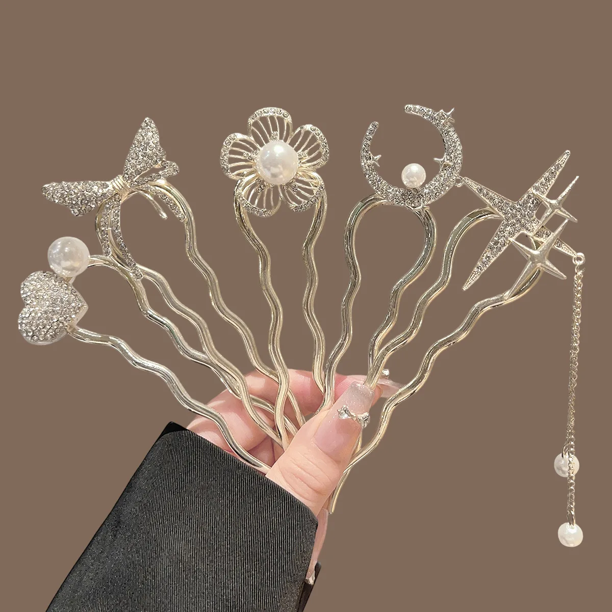 Pearl Flower U-Shaped Hair Fork Heart Moon Hairpin for Women Bow Cross Star Hair Sticks Metal Versatile Girls Hair Accessories image 4