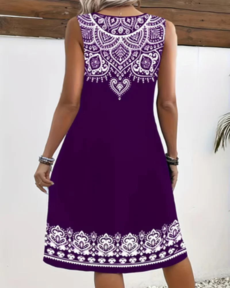 2026 New Model: Women’s Spring and Summer 3D Digital Printed Chain-Link Embroidered Open-Sleeve Dress/Mid-Length Dress