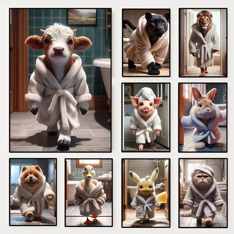 Bathroom Animals Wearing Bathrobes Wall Art Poster Cat Dog Lion Rabbit Duck for Living Room Home Decor Mural Canvas Painting