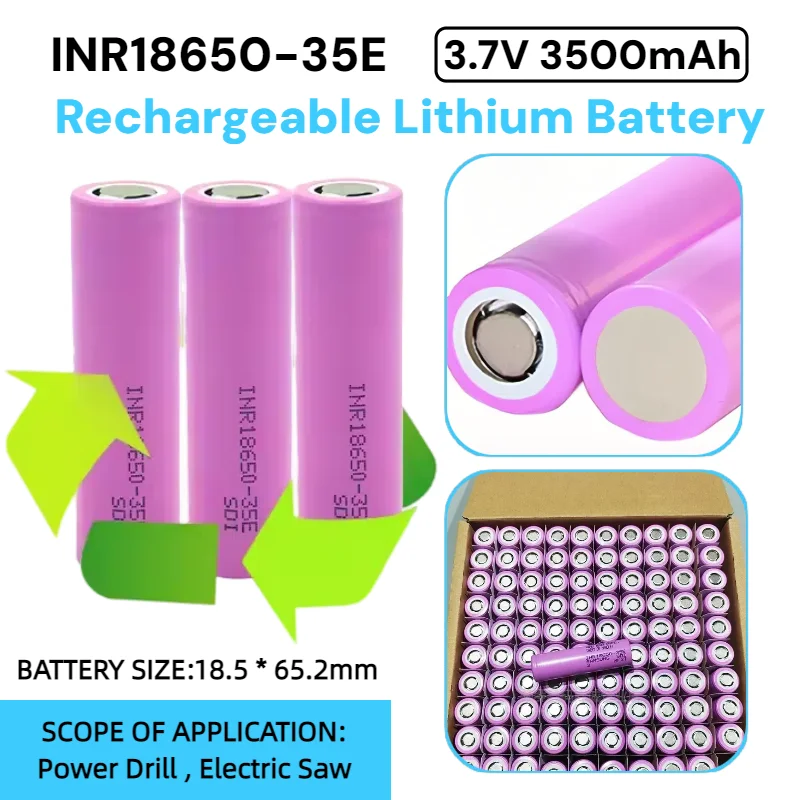

18650 Battery 3500mAh 3.7V 35E High Power Rechargeable Lithium for Power Tools Drill Ebike Vape LED Flashlight Explosion Proof