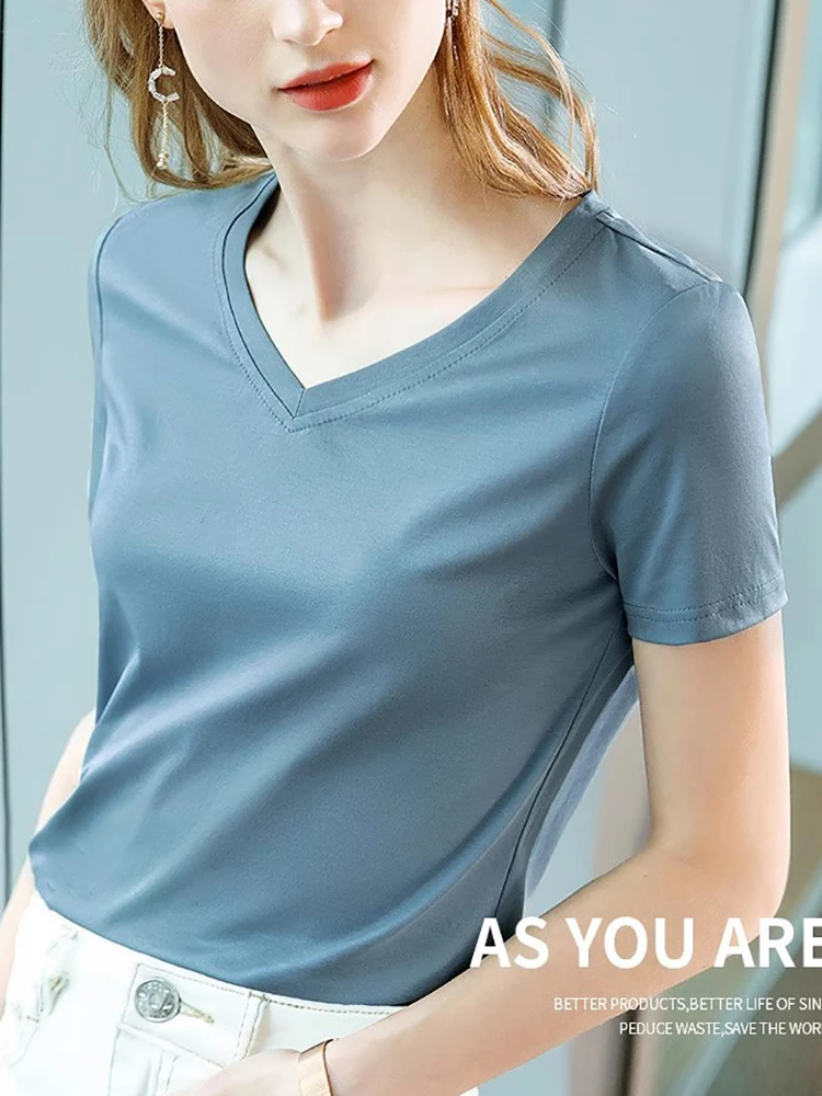 

Ice Sensitive Silk Cotton V-neck Short Sleeved T-shirt for Women's Solid Round Neck Basic Commuting Elastic Oversized Top