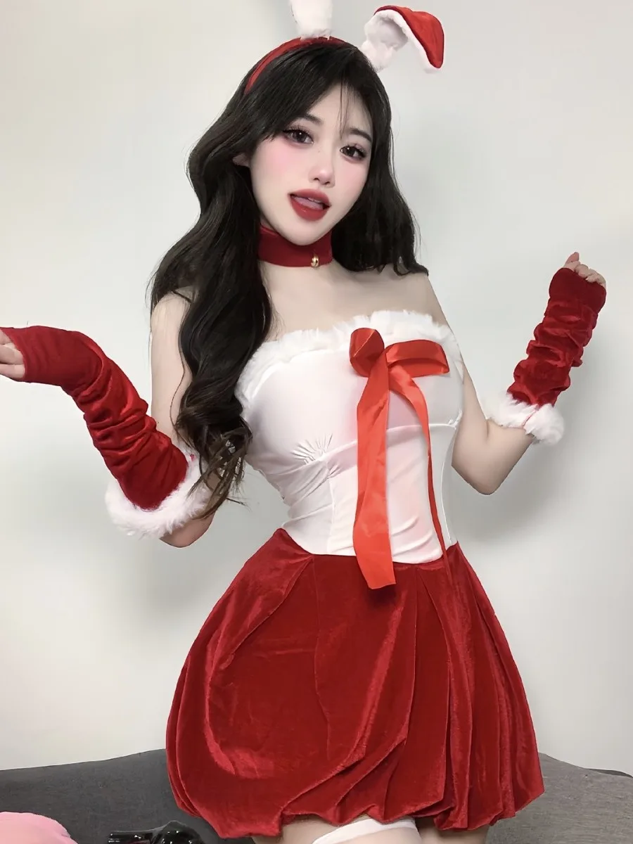 New White Red Splicing Plush Contrasting Color Bow Velvet Strapless Dress Spicy Girl Sexy Fluffy Dress Rabbit Girl Uniform V2XY