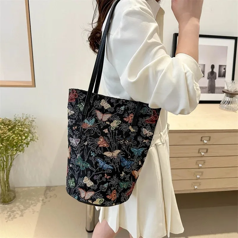 

Women's Shoulder Bag Fashion Hand Bags Canvas Wallet Portable Tote Handbags for Casual Butterfly Dressing Up Bucket