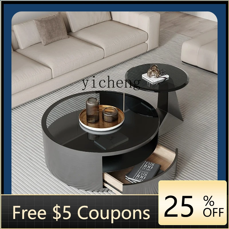 

AB modern light luxury round coffee table size combination creative with drawer tempered glass tea edge table