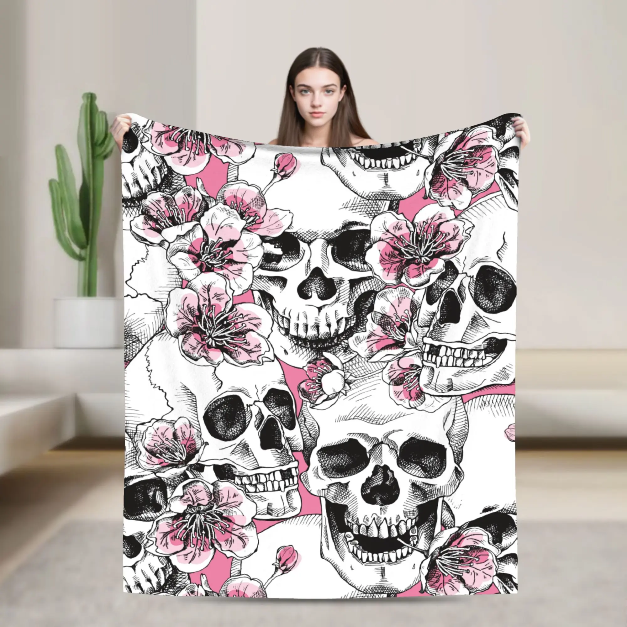 Floral Skull Fleece Blanket Pink Cherry Funny Throw Blanket for  Sofa Bedding Lounge 125*100cm Bedspreads