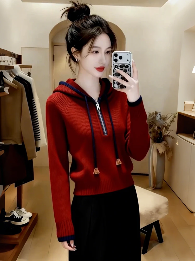 

Unique Beautiful f Zip Hoodie Knitwear Women's Faion Korean Sle Agel Trendy Dstring Knitted Sweater Spring Autumn