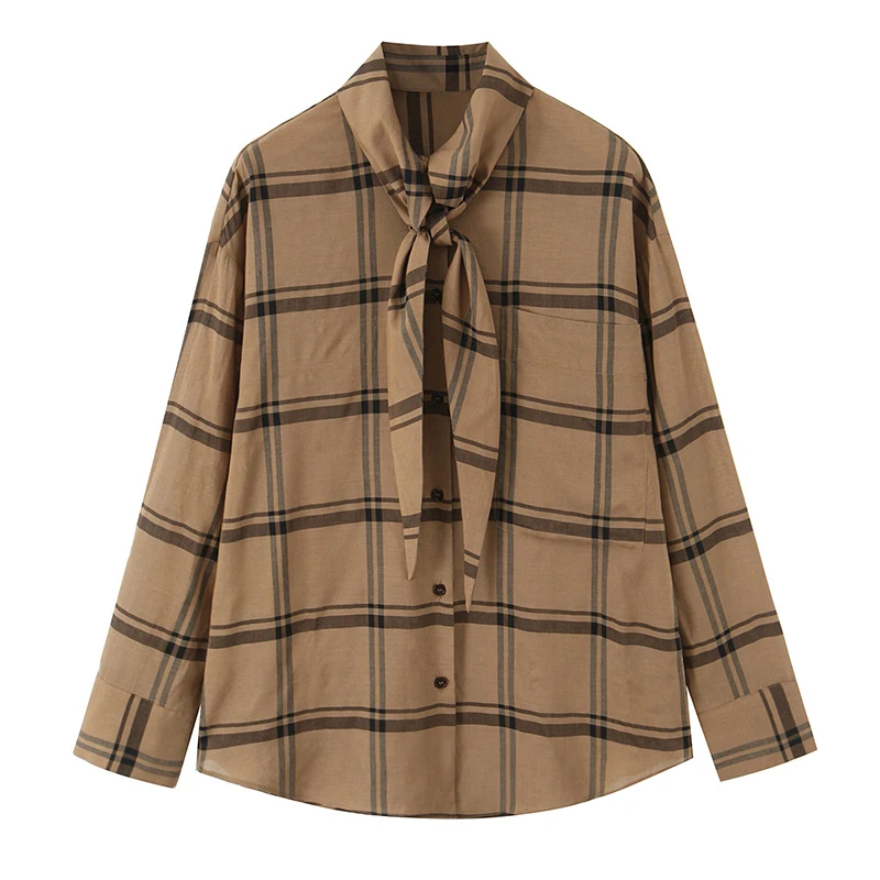 

Willshela Women Fashion With Bow Plaid Single Breasted Blouse Vintage Scarf Collar Long Sleeves Female Chic Lady Shirts