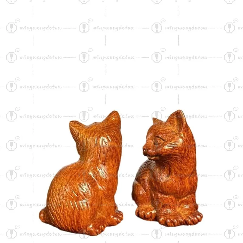 Black Ebony Carved Cat Figurine, New Chinese Style Solid Wood Animal Decor, Cute Kitten Desktop Ornament for Home Living Room