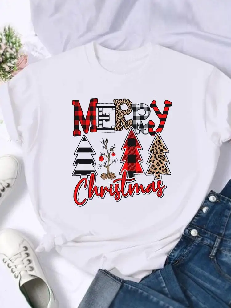 

Fashion Female Print T Top Merry Christmas New Year Holiday Plaid Leopard Letter Trend Graphic Tee Women Shirt Clothing T-shirts