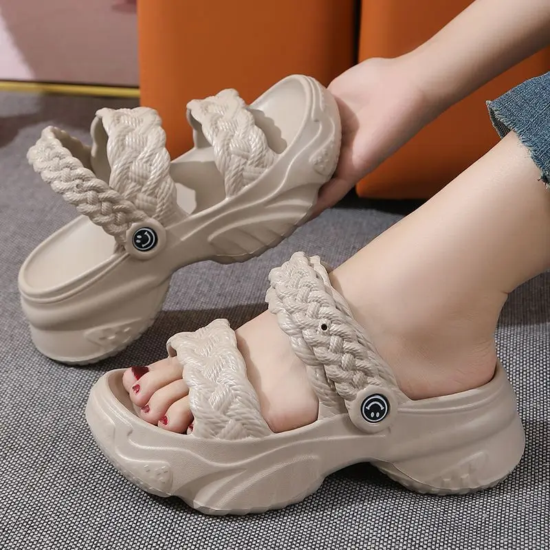 

New 6CM EVA Sandal Slippers Women Two-ways wearing Summer Elevator Shoe Ladies Chunky Mules Outdoor Clogs Mom Wide Leg Slippers