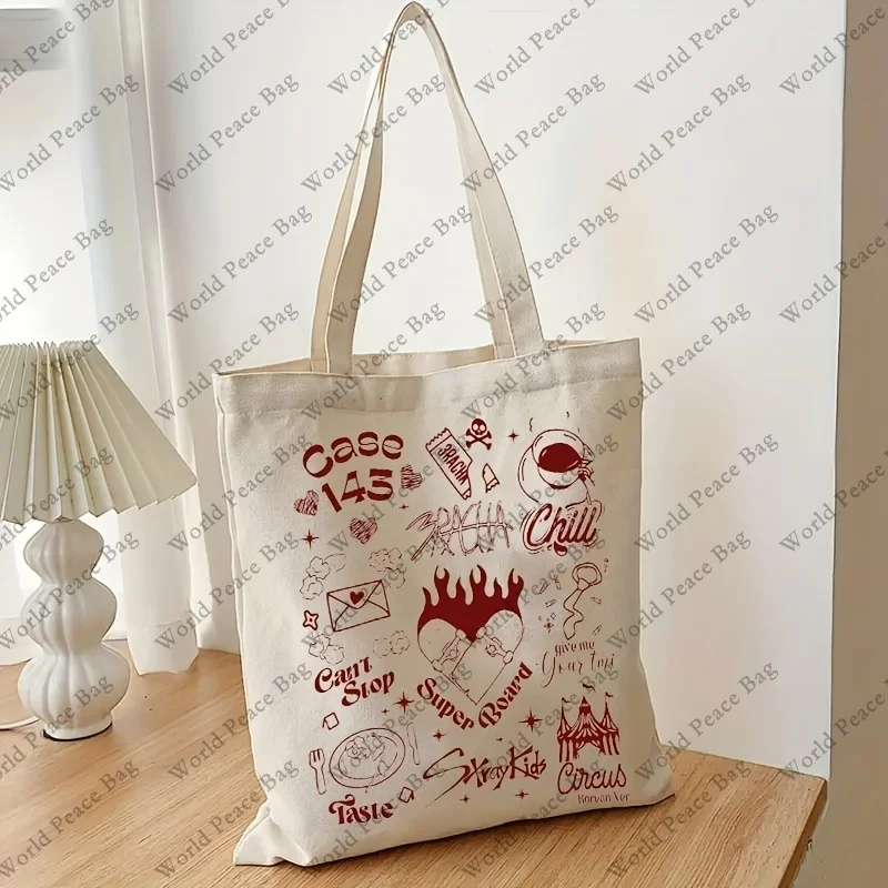 1pc Vintage Full Tracklist stay Pattern kids Tote Bag, borsa da viaggio in tela Casual retrò, semplice borsa a tracolla Kpop