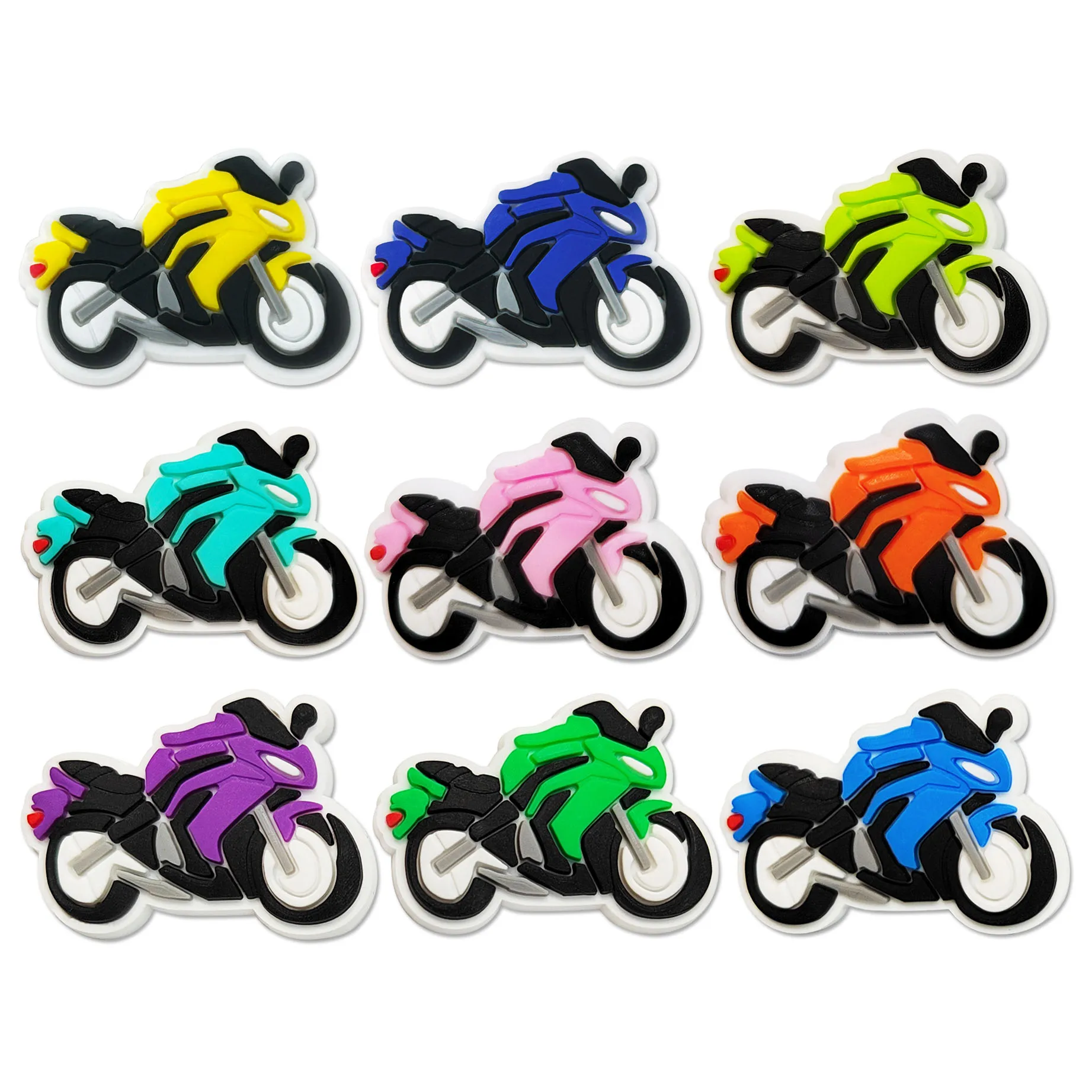 Motocicleta Sapato Encantos para Crianças, Cartoon Series, Fivela Decoração, DIY Tamancos, Pulseira Sandália, Acessórios, Presentes, 9Pcs