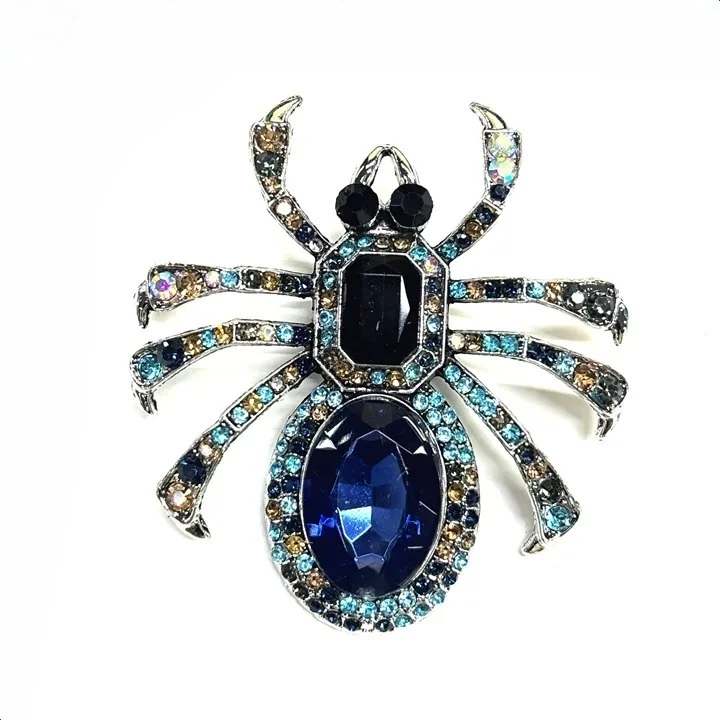 Vintage Blue Crystal Rhinestone Spider Brooch Antique Silver Tone Insect Lapel Pin Fashion Costume Jewelry Gift