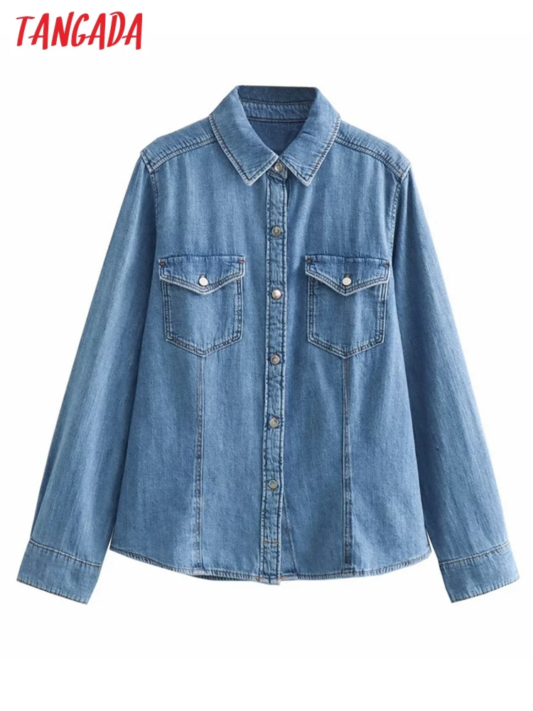 Tangada 2023 Women Blue Denim Blouse Long Sleeve Chic Female Lady Fit Shirt Tops 4M102