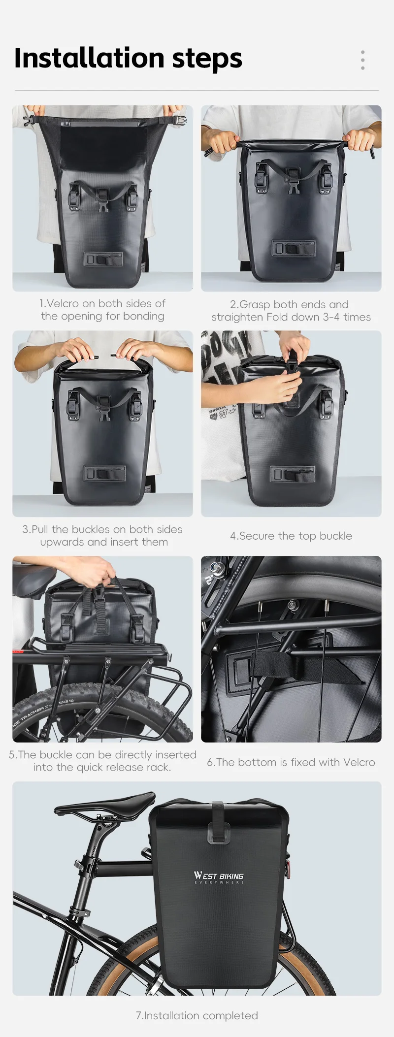 WEST BIKING Wasserdichte Fahrrad-Gepäckträgertasche 25L Große Kapazität Gepäckträger-Seitentasche Erweiterbare Fahrrad-Reisetasche Herren Schultertasche – Detail 11
