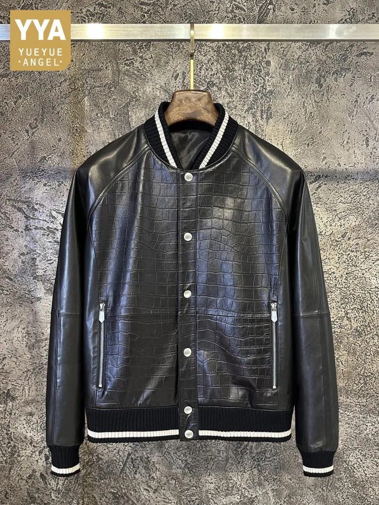 

Luxury Men Cowhide Spliced Sheepskin Crocodile Pattern Jacket Classic Stand Collar Single Breasted Genuine Leather Jackets Coat