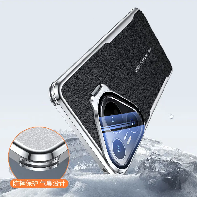 Etui z powłoką galwaniczną, metalowym uchwytem na obiektyw, skórzanym wykończeniem, odporne na wstrząsy, z narożnymi bumperami ochronnymi do Huawei Pura 70 Pro Plus i Pura 80 Ultra — zdjęcie produktu 4