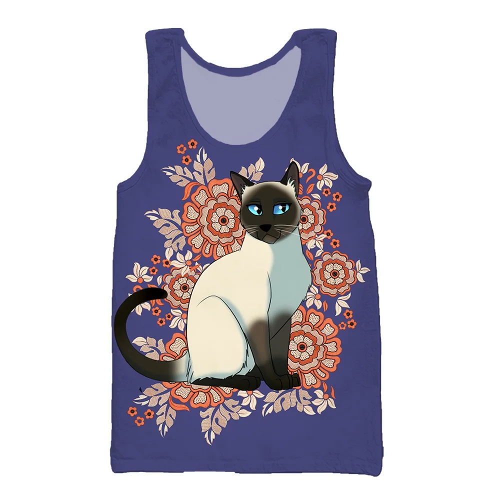 SONSPEE Siamese Kitten 3D Printing Novelty Animal Tops Summer Beach Animal Graphic Sleeveless Vest Oversize Personality Tank Top