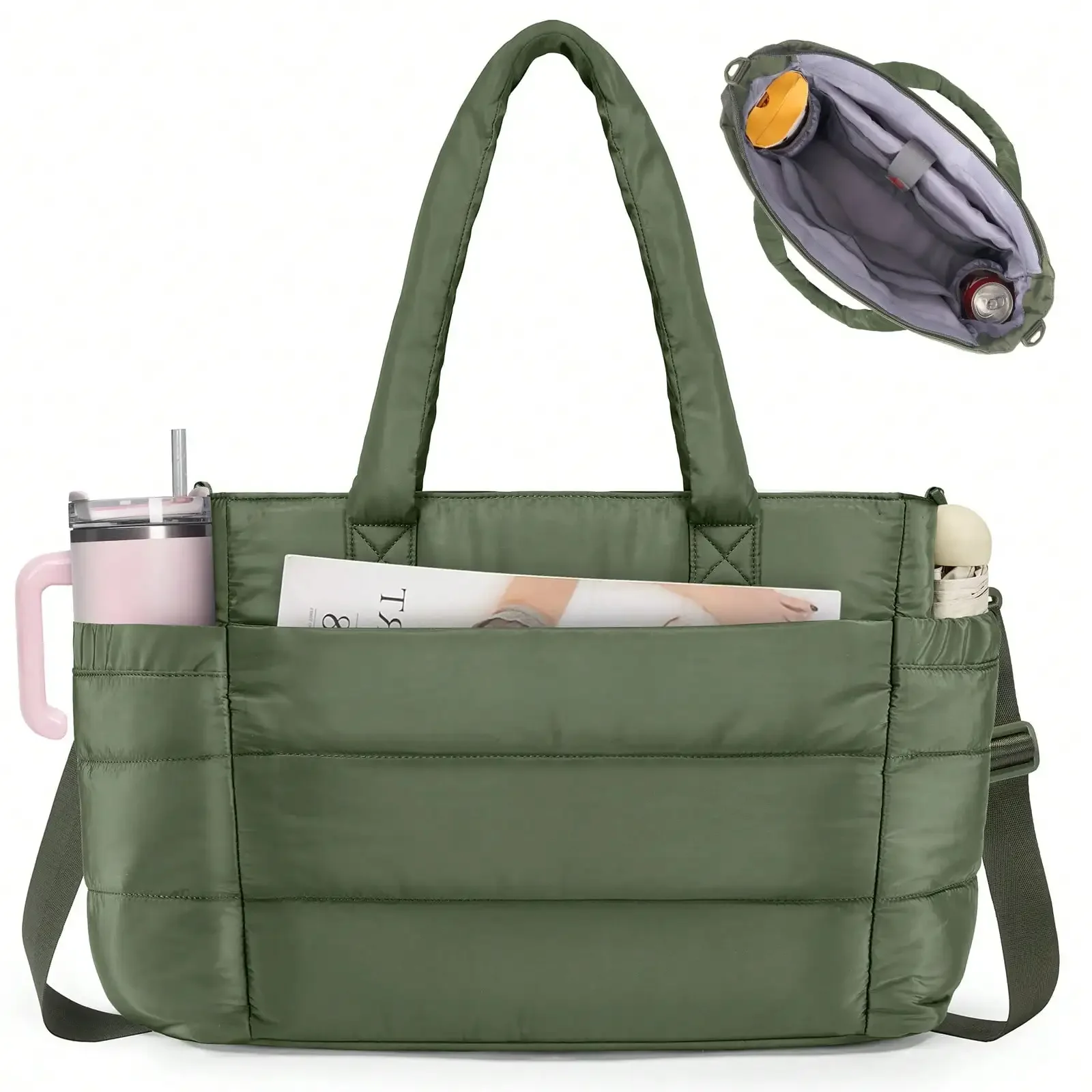 NEWHEY Tote Bag For Women, Lightweight Puffer Work Bags, Quilted Handbag With Compartments For Work, Travel, Gym