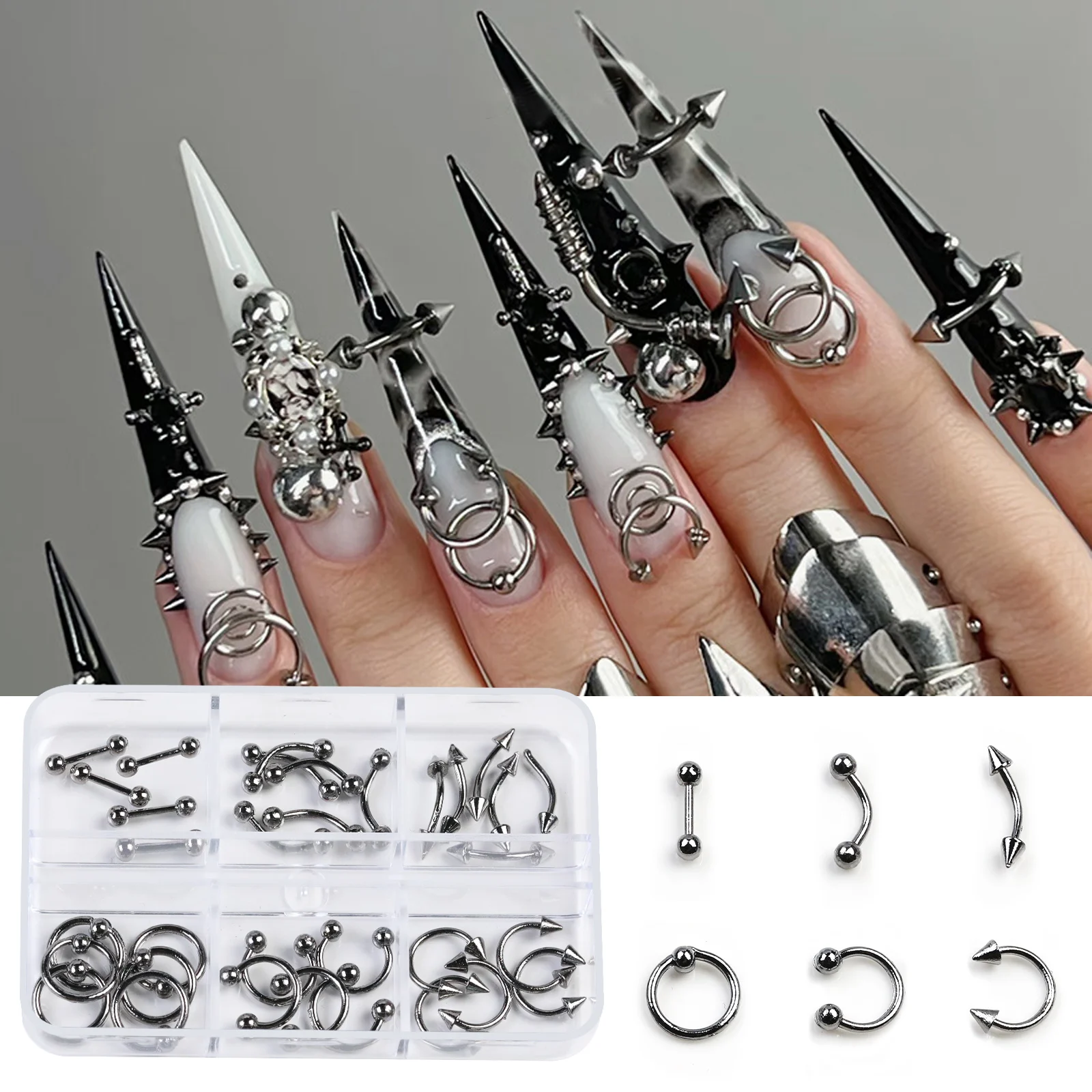 30pcs/Box Mixed Punk Metal Style Nail Accessories 3d Silver Curve Arrow Rivets y2 Advanced Metal Style Nail Metal Decoration Set