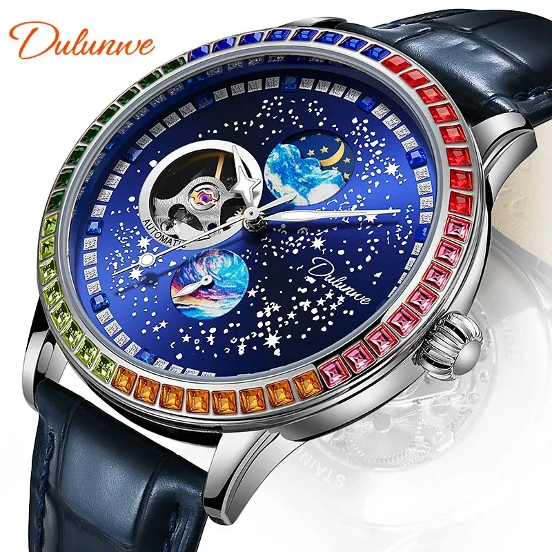 Men's Tourbillon with Diamond Case Leather Watch Automatic Mechanical Watch Casual Waterproof Glow in The Dark  Man Sports Watch