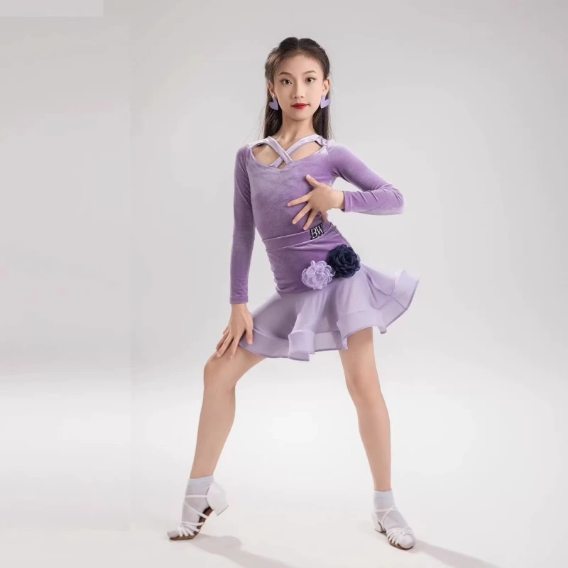 가을 겨울 신상 여아 라틴 댄스 의상, 타로 퍼플 벨벳 대비 입체 꽃 라틴 연습복