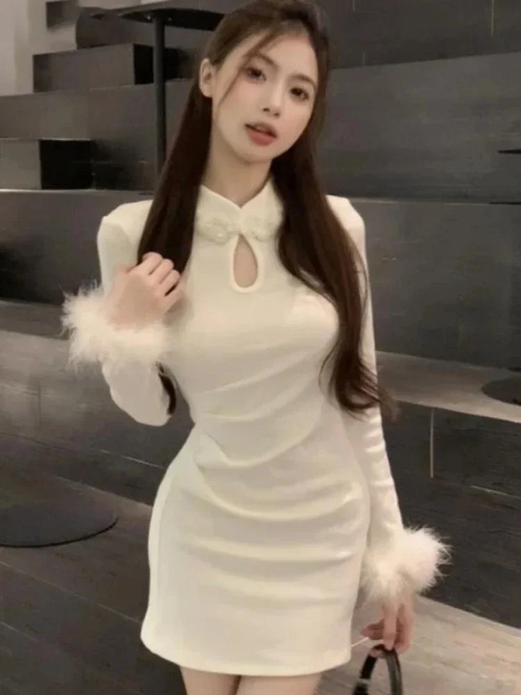 

2025 Vestidos De Mujer Нео платья в китайском стиле для женщин, пушистый лоскутный халат Femme, модное сексуальное плиссированное облегающее мини-платье