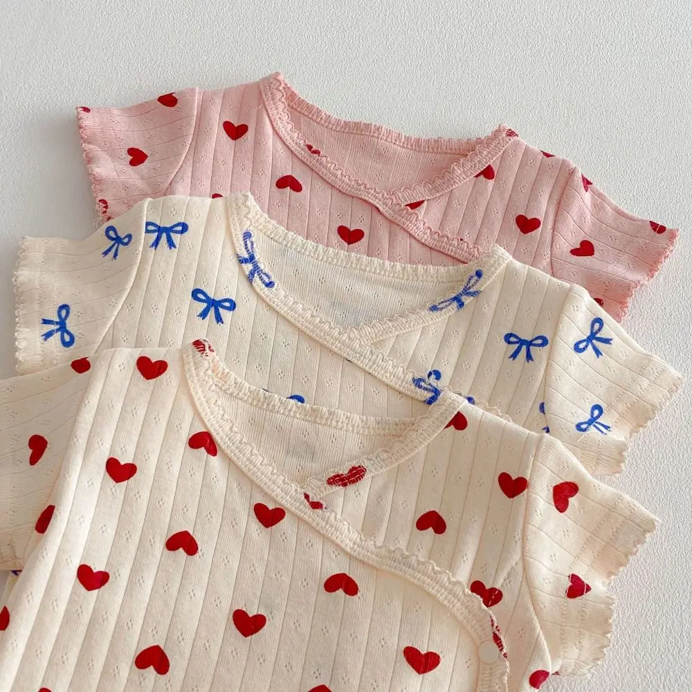 Round Neck Summer Girl Onesies Butterfly and Heart Print Cotton Bodysuit Simple Comfortable Ruffled Sleeve Newborn Romper