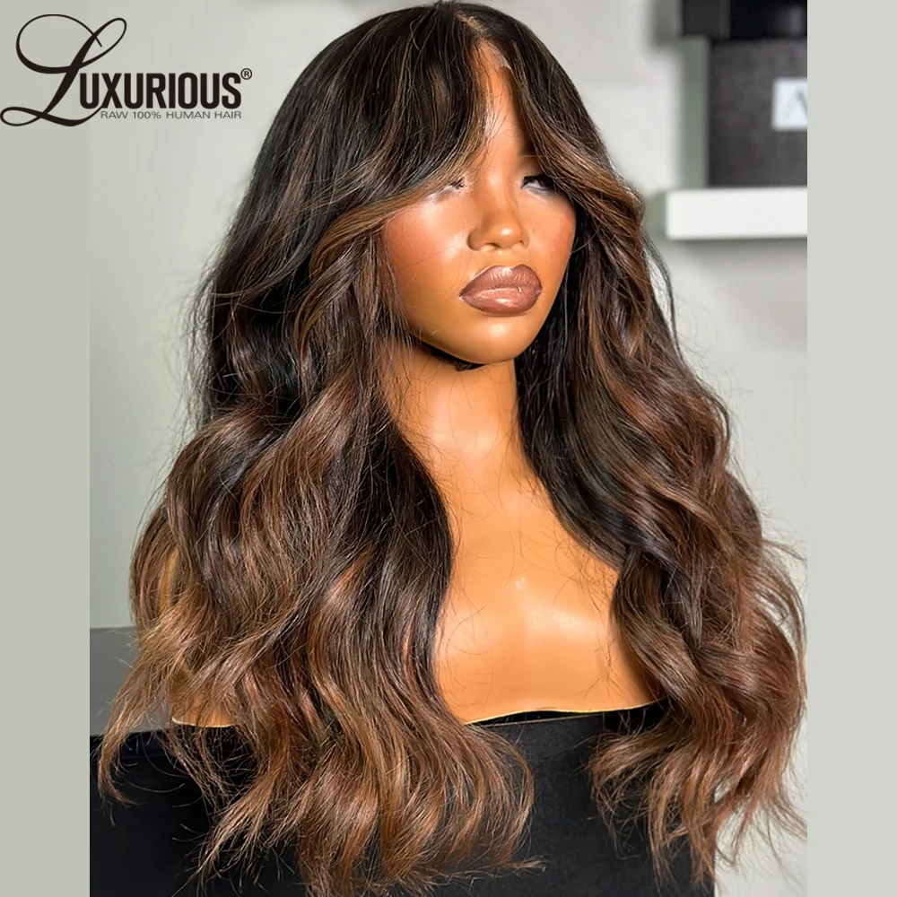 

Glueless Wear And Go Lace Frontal Human Hair Wig Preplucked Blow-Out Looks Wave 13x4 Lace Wig Ombre Brown Highlight Colored Wig