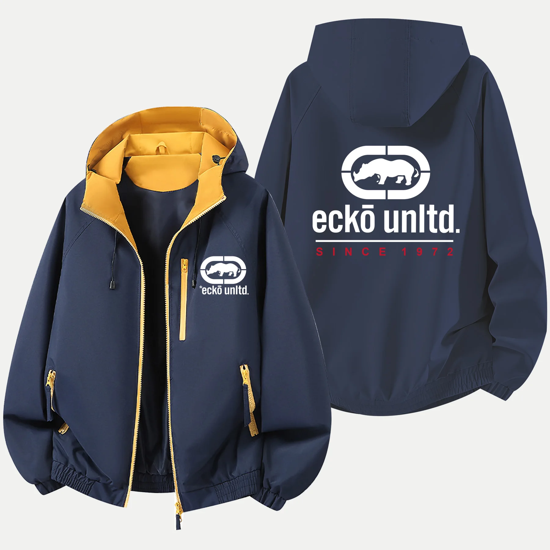 Chaqueta con capucha, moderna, para actividades deportivas al aire libre, de la marca Ecko Unltd, con estampado de rinoceronte, de estilo actual, casual, de inspiración hip-hop, estilo Y2K, para hombre y mujer, tipo gabardina.