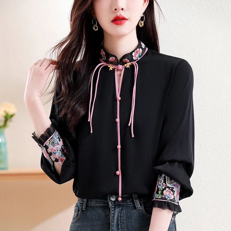 

Button Tang style top beautiful elegant shirts women embroidery shirts