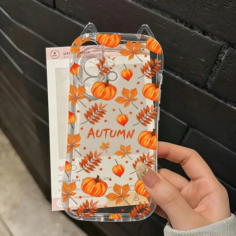 Autumn Pumpkin Falling Leaves Pattern Phone Case for IPhone 17 16 15 14 13 12 11 Plus Pro Max 17 Air Soft Silicone Clear Cover view 3