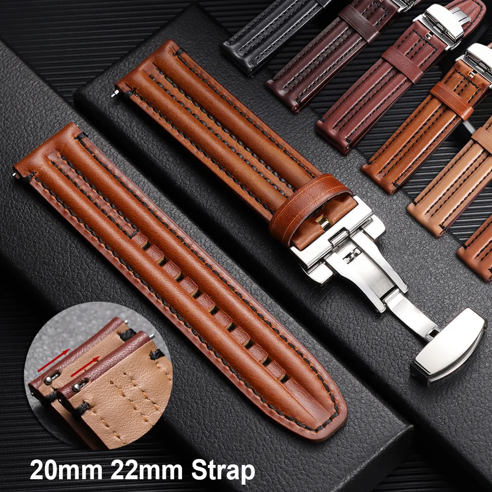 20mm 22mm Genuine Cowhide Watch Straps for Seiko Vintage Brown Black Leather Watch Band Thickened Men Bracelet for Smartwatch