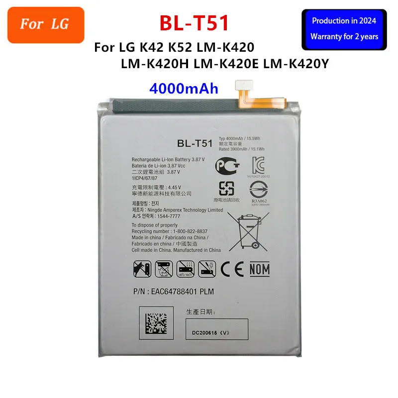 Original BL-T51 4000mAh Battery For LG K42 K52 LMK420 LM-K420 LM-K420H LM-K420E LM-K420Y  BL T51  Mobile phone Batteries