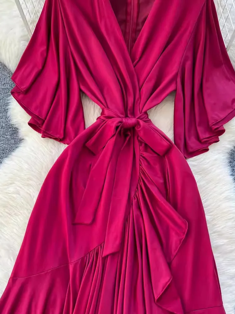 ربيع الخريف المرأة بورجوندي فستان ماكسي الخامس الرقبة التفاف الجبهة كم طويل أنيق فستان حفلة بوهو عادية كشكش رداء طويل جديد 2026 #6