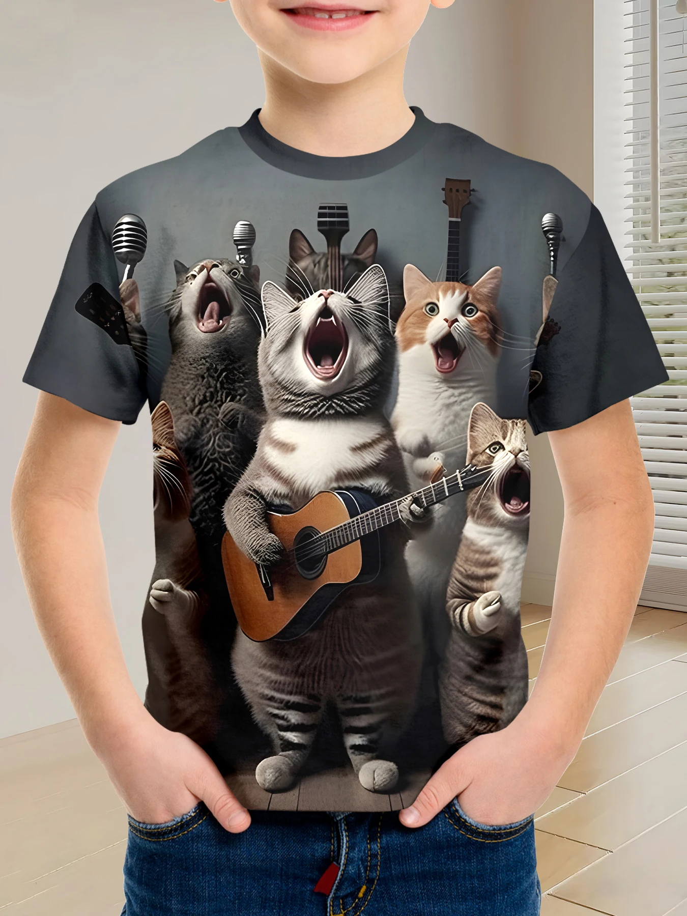 

Детская забавная повседневная футболка с кошачьим оркестром