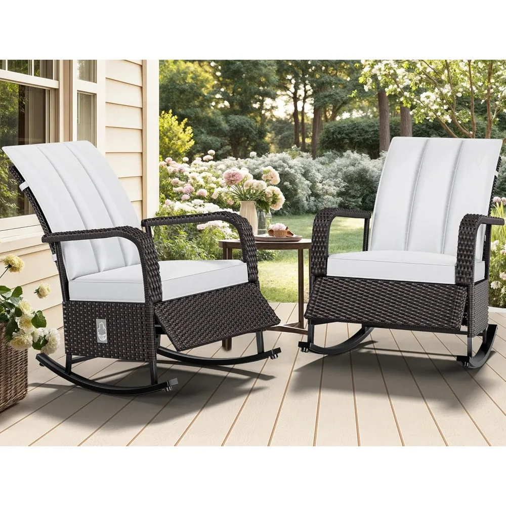 

Outdoor Rocking Chair Set of 2, Wicker Lounge Chairs with Adjustment Backrest, PE Rattan Patio Recliner Chair with Adjustable F
