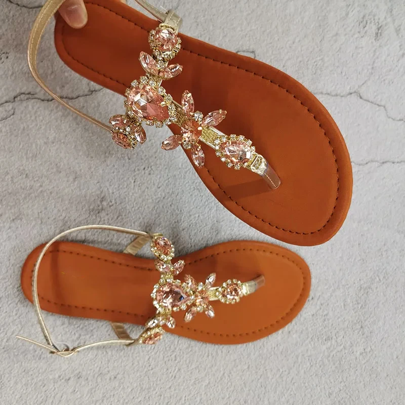 2024 Trendy Summer Women\'s Shoes Large Size Beautiful Crystal Shiny Flat with Female Sandals Bohemia Back Strap Footwear