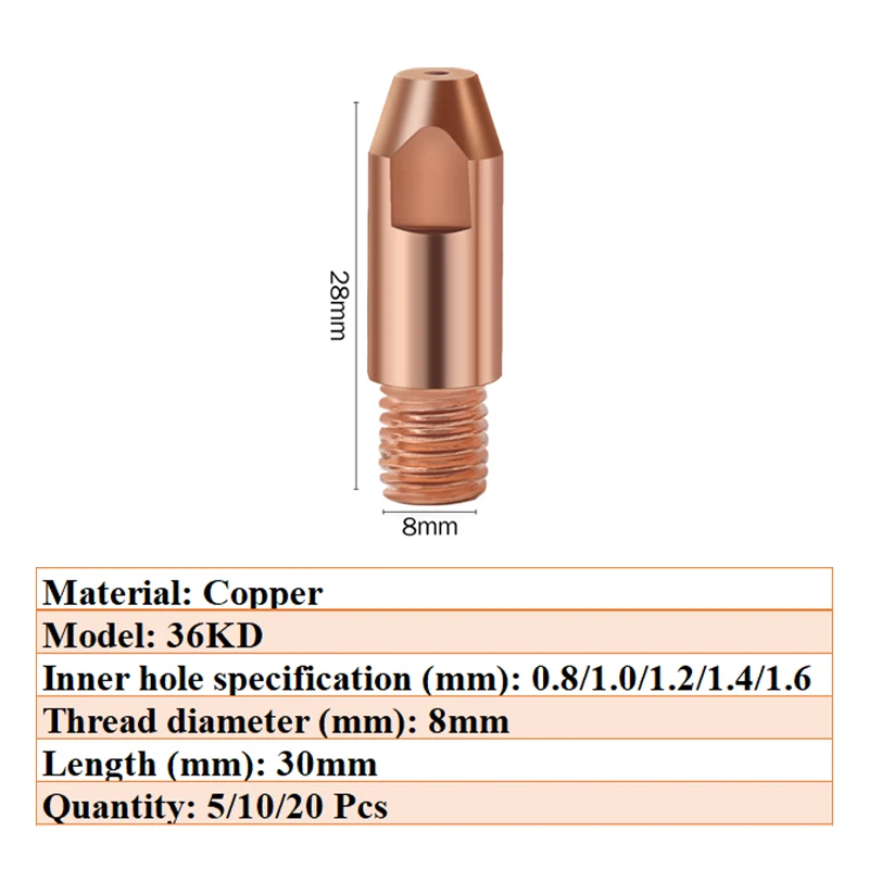 Boquilla de Gas para soplete de soldadura MIG, punta de contacto de 5/10/20 piezas, 15AK/24KD/36KD, arco de argón/0,8/1,0/1,2/1,4mm