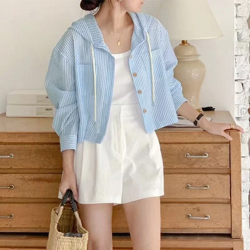 Summer Women Stripe Long Sleeve Hoodie Pocket Blouses Korean Casual Sweet Loose Short Coat Office Lady\'s Jacket Chic Elegant Top