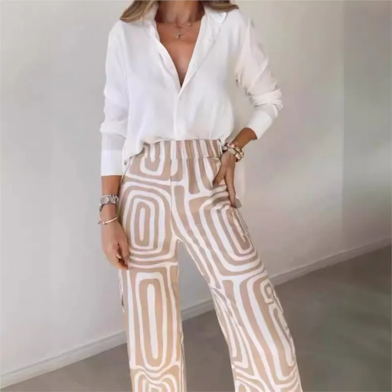 Leisure Women\'s Geometry Printed Set 2024 Spring Autumn New Temperament Shirt & Loose Pants 2 Piece Set Commute Office Lady Set