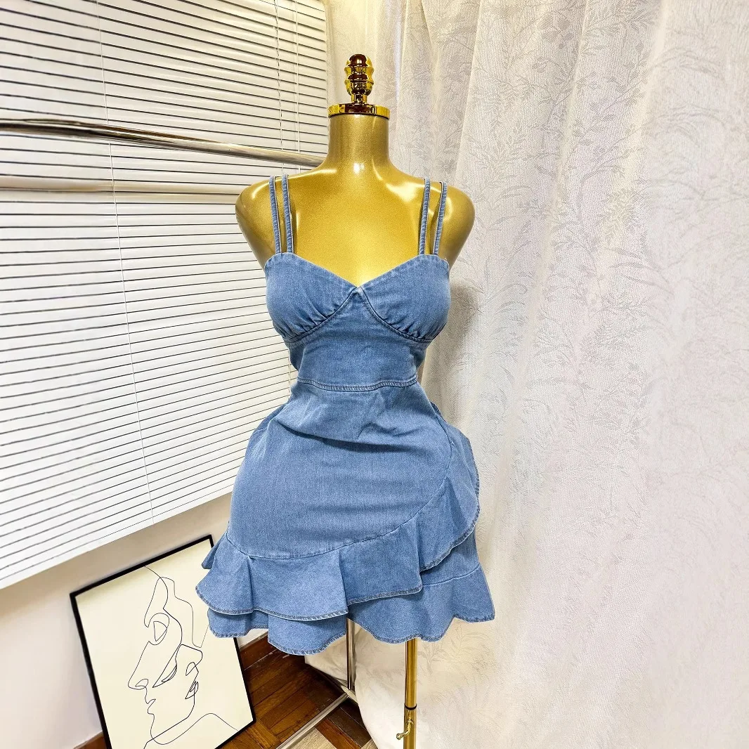 

The 2025 Summer New Stretch and Slimming Denim Halter Dress, and The Sexy V-neck Women's Ruffled Splicing Denim Hip Wrap Dress
