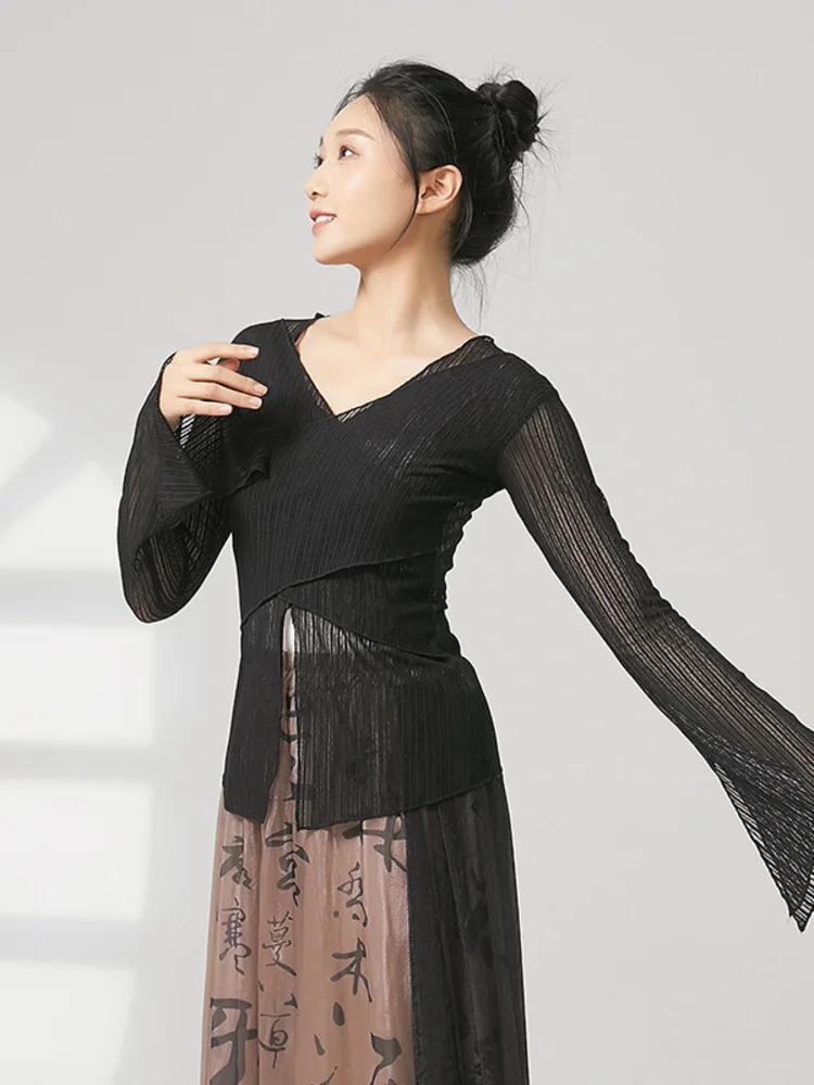 Mulheres dança clássica topo cor sólida malha sino manga longa divisão camisa para desempenho de palco treinamento ensaio traje elegante