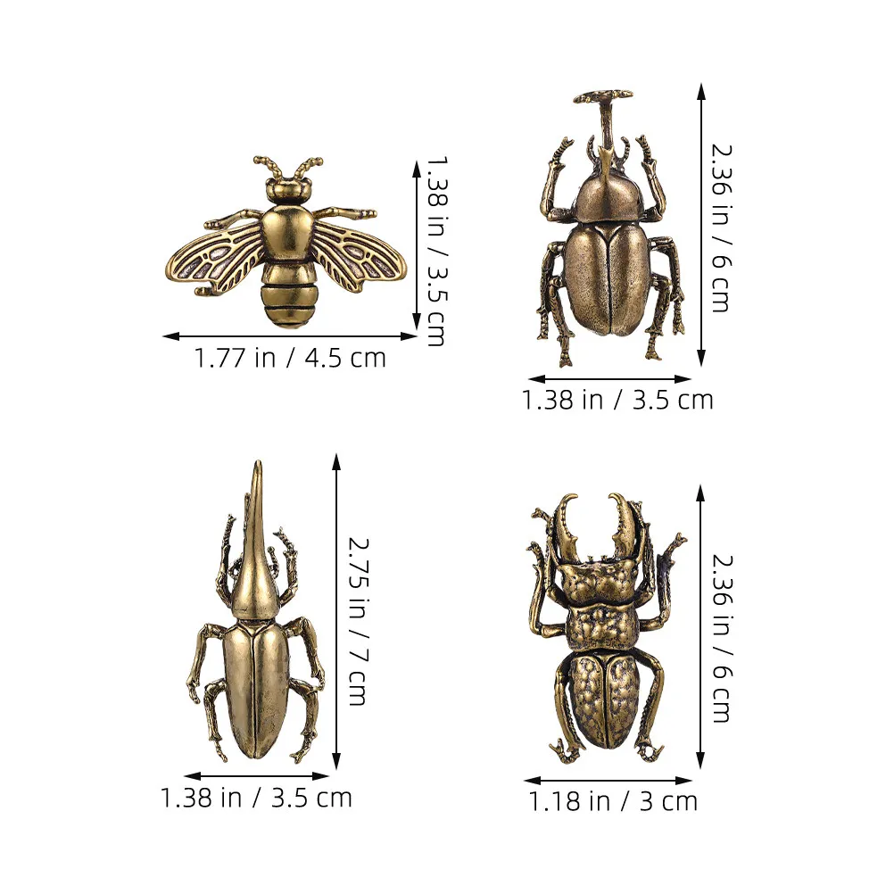 4Pcs Brass Insect Decor Set Retro Beetle Figurines Aged Lifelike Detail Home Decor for Living Room Bookshelf Desk