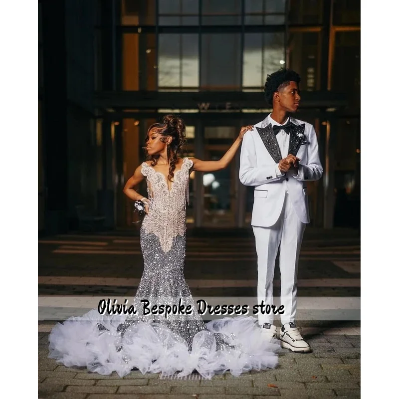 Customized Silver Mermaid Prom Dress For Black Girls Ruffles Rhinestone Tassel Beaded Party Gowns Vestidos De Gala