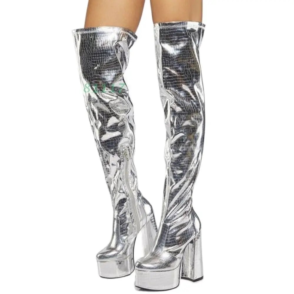 

Platform Silver Thigh High Boots Women Patent Leather Print High Chunky Heels Boots Round Toe Modern Funky Over The Knee Boots