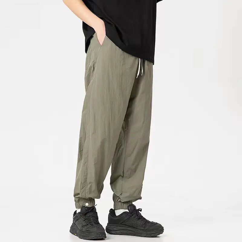 Spring Autumn Men's Clothing Solid Color Elastic High Waisted Pockets Drawstring Preppy Style Trousers Bloomers Cargo Pants