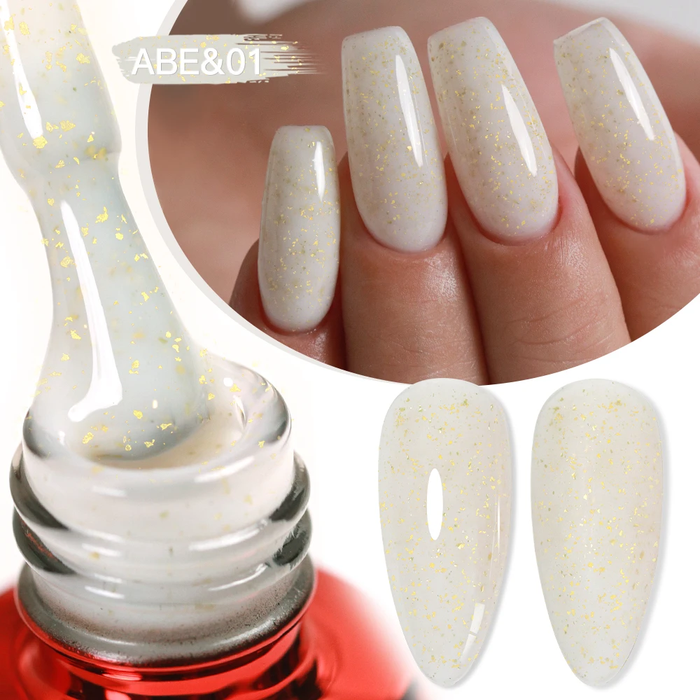 として 15 ミリリットルゴールドグリッターラバーベースジェルポリッシュ箔ゴールドピンク乳白色半永久 UV LED ネイルアートハイブリッドジェルワニス